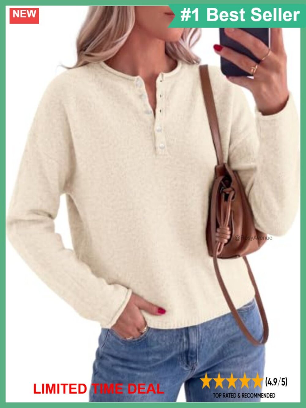 Henley Button Up Pullover Sweater Loose Fit Knit Long Sleeve
